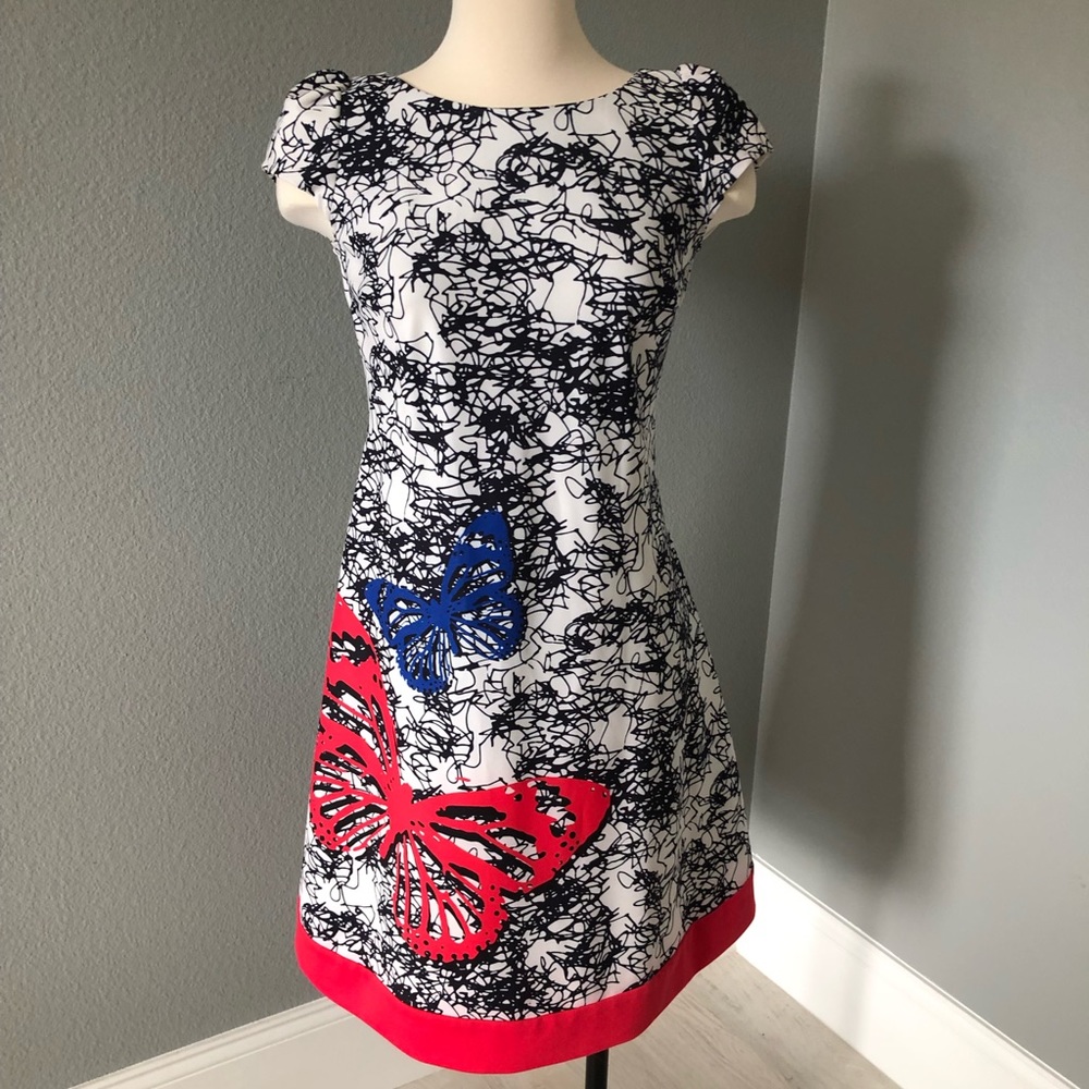 New Vivat Fit & Flare Cap Sleeve Butterfly contrast Print Scuba Dress.